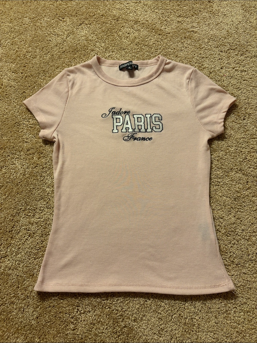 Harper & Ivy Junior Girl Pink Ribbed 'Paris France' Short Sleeve Tee (M)